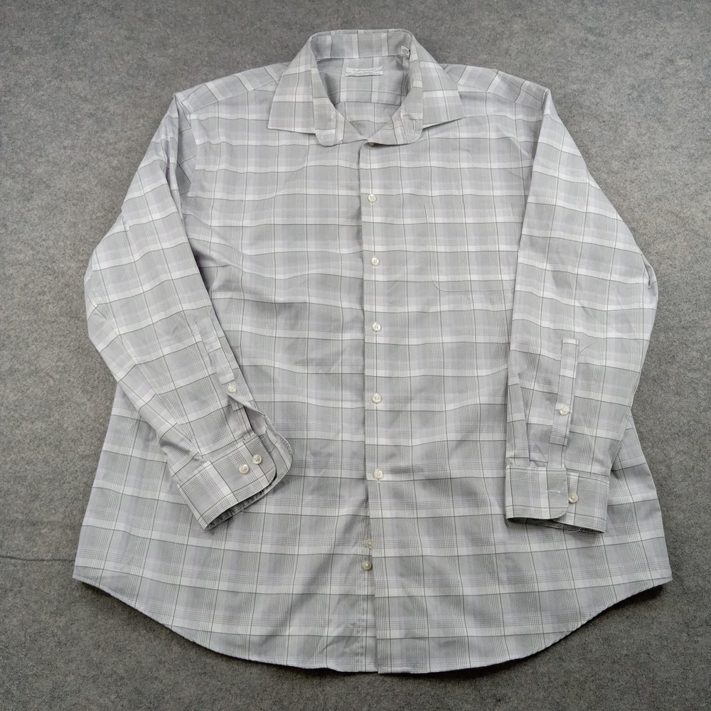 Calvin Klein Shirt Mens XL 17-17.5 32/33 Gray Plaid Stretch Wrinkle Free
